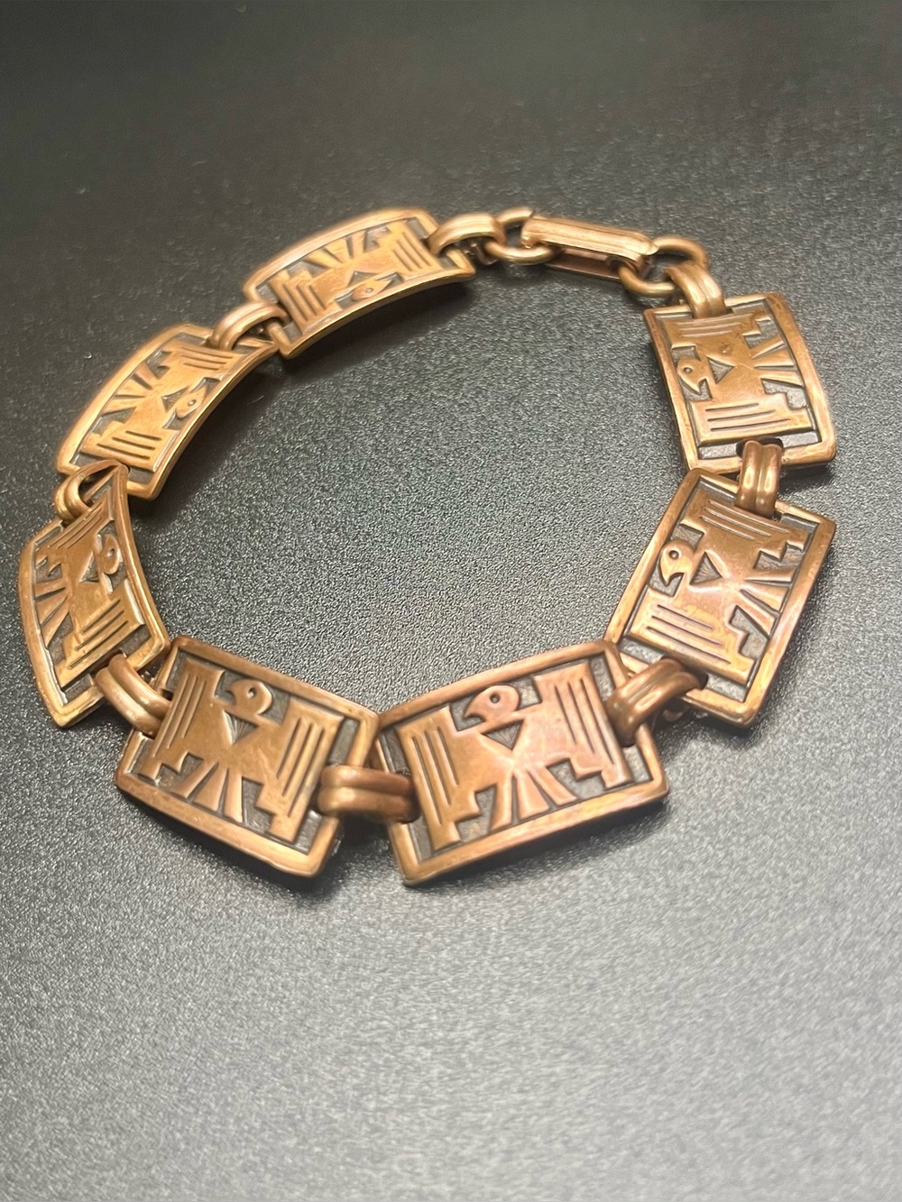 Vintage Copper Tone Thunderbird Panel Link Bracelet Southwestern